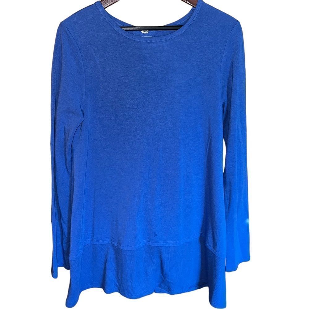 Cupio Women's Medium Blue Knit Tunic Top Back Lace Up Peplum Hem